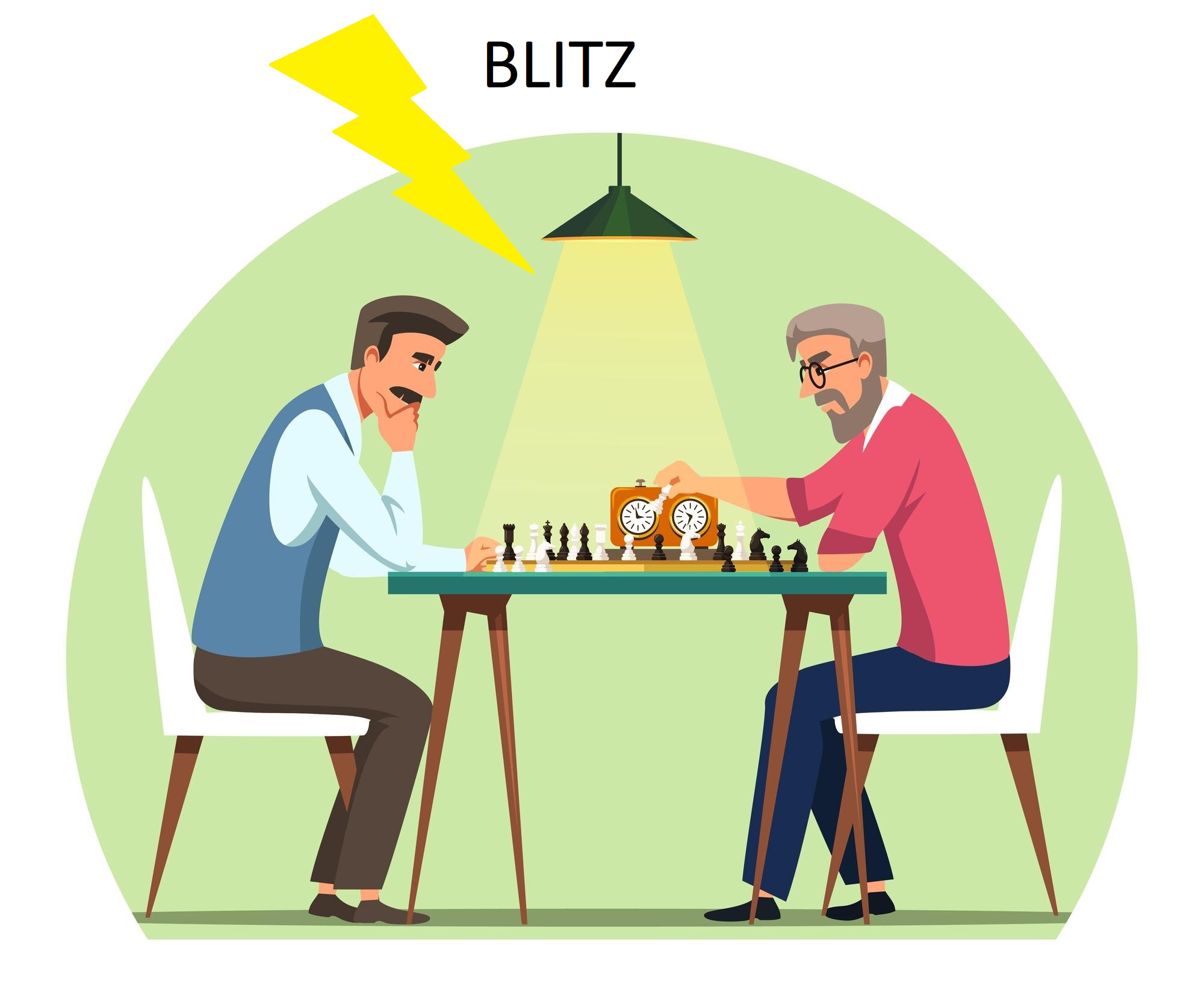 Deux joueurs autour d'une table et un jeu d'échecs, avec un éclair et l'inscription "Blitz"